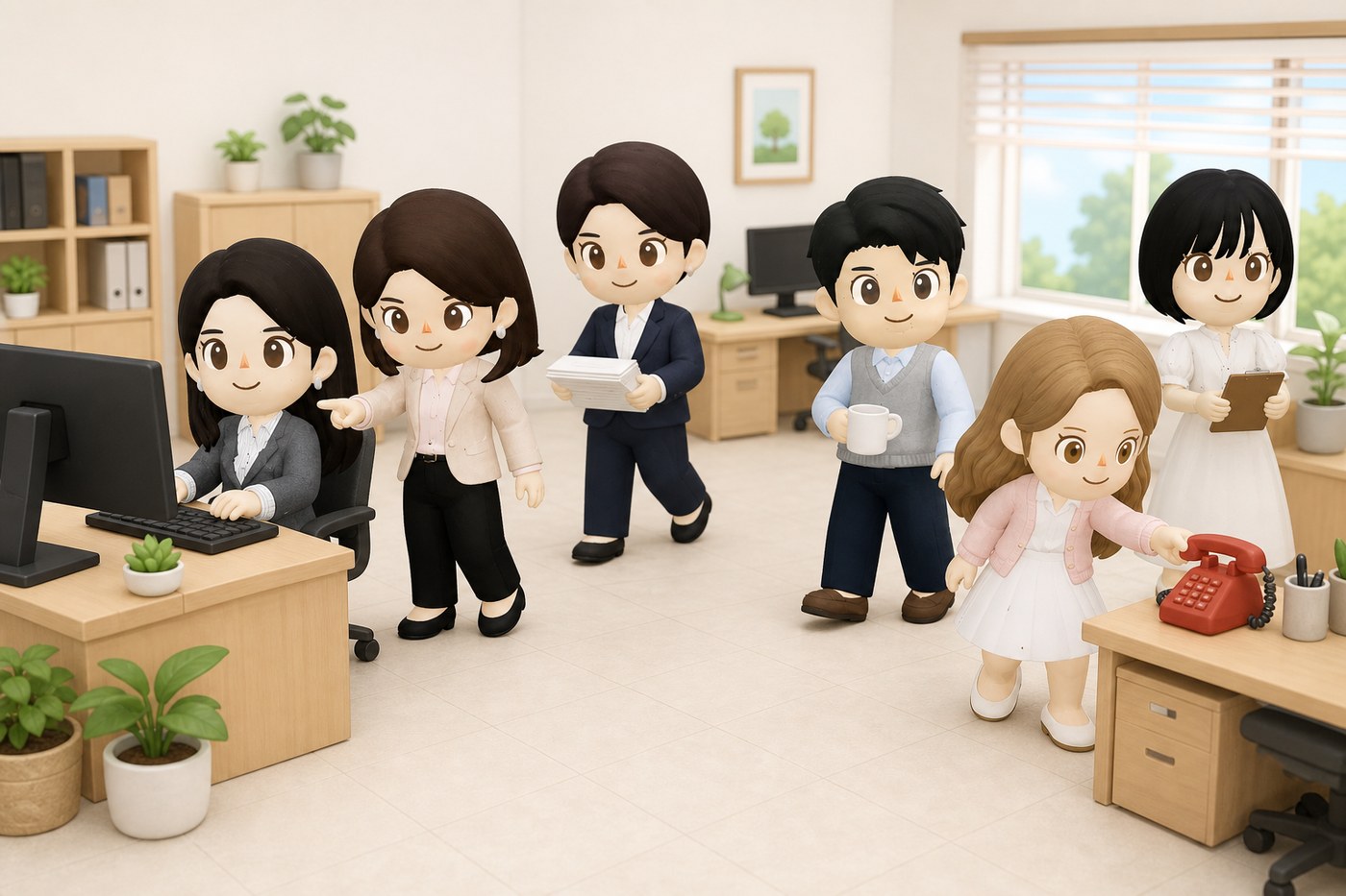 밝은 사무실에서 여섯 명이 각자 일하는 장면. 타이핑, 모니터를 가리키며 설명, 서류를 들고 이동, 전화 응대.