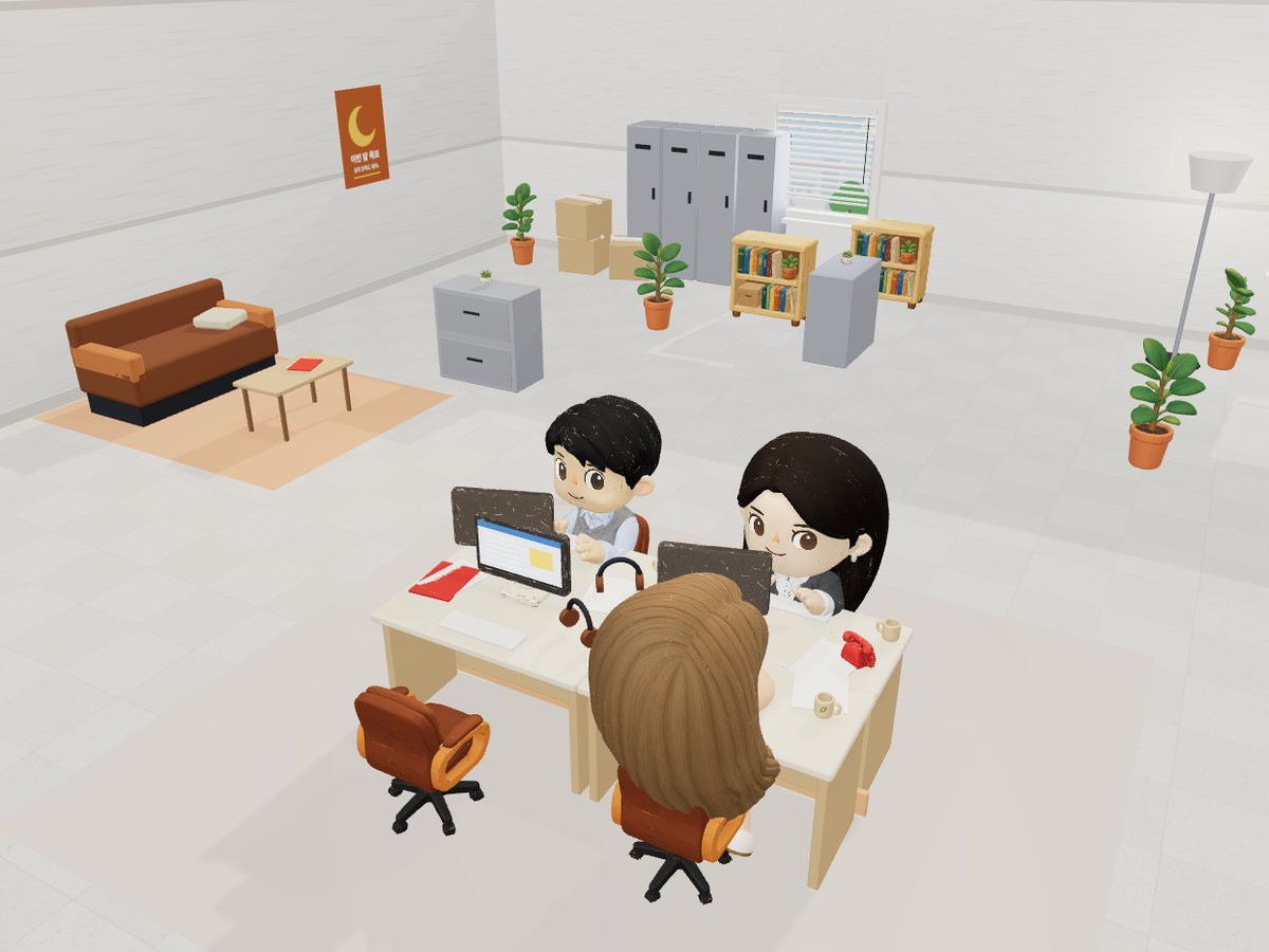 3D 사무실. 고객상담팀 자리에 팀원들이 앉아 일하고 있다.